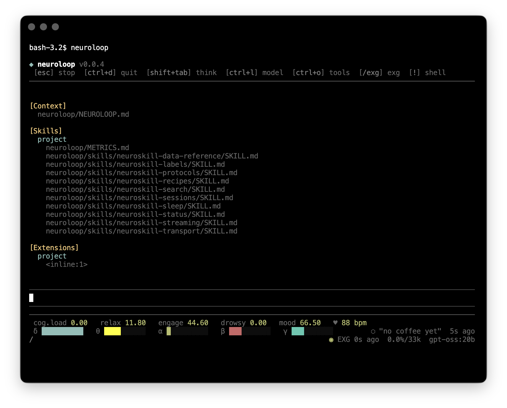 neuroloop TUI showing loaded context files, skills, and the live EEG status bar with cognitive load, relaxation, engagement, drowsiness, mood, and band power visualisations