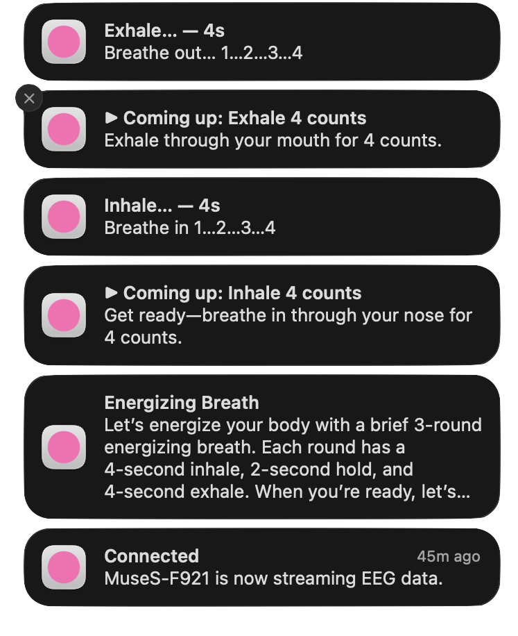 macOS notification stack showing a breathing protocol: Connected device notification, Energising Breath intro, Coming up: Inhale, Inhale 4s, Coming up: Exhale, Exhale 4s